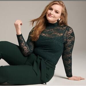 Lane Bryant Shirt Womens Size 18/20 NEW Hunter Green Mock Neck Lace Long Sleeve